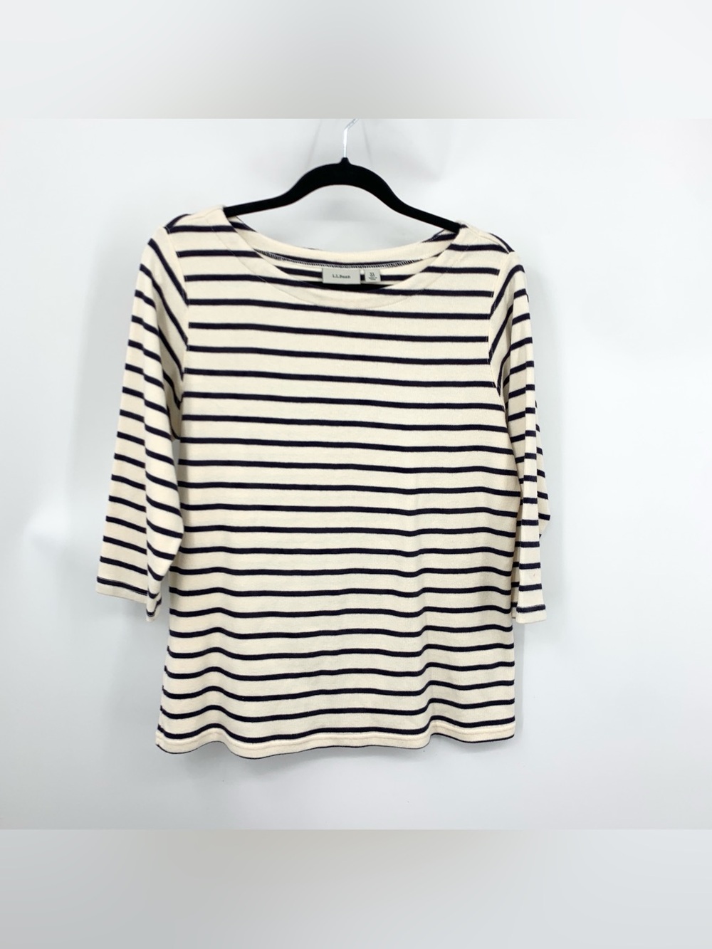 LL Bean Women Size XL Shirt White Blue Striped 3/4 Sleeve Cotton Top Ribbed